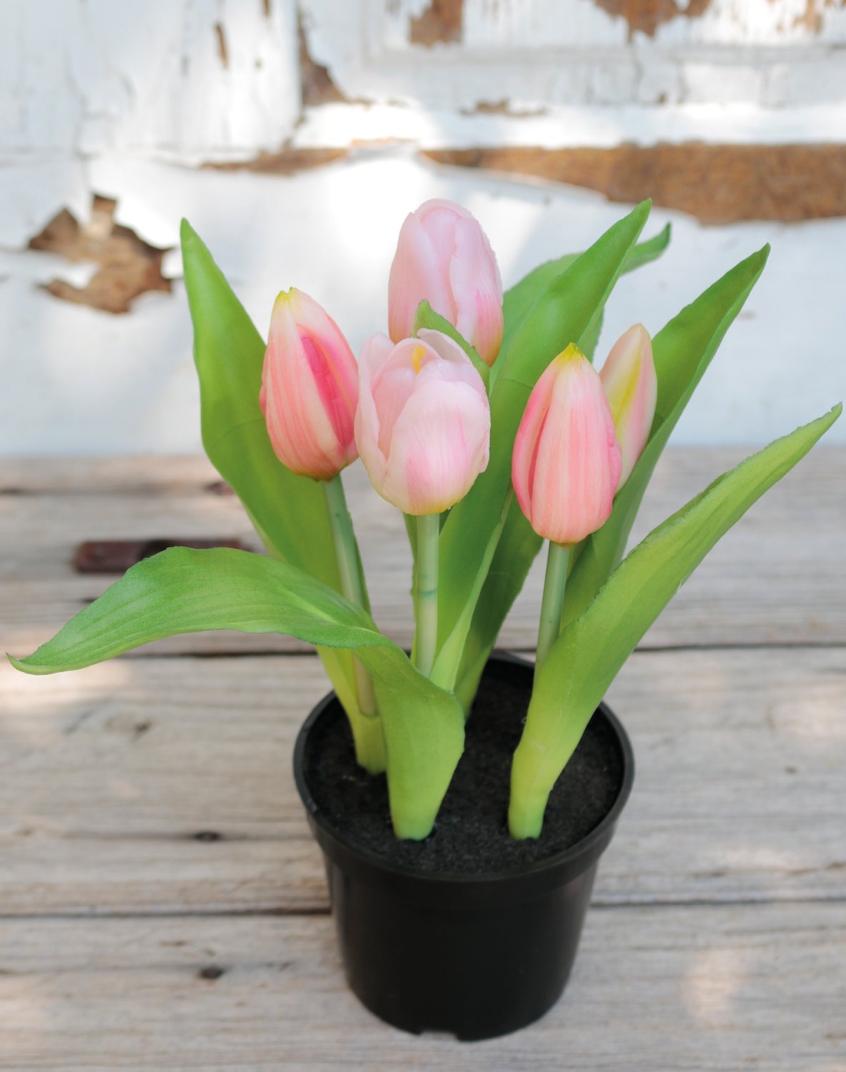 Künstliche Tulpen, getopft, 5-fach, 22 cm, Real Touch, rosa-grün