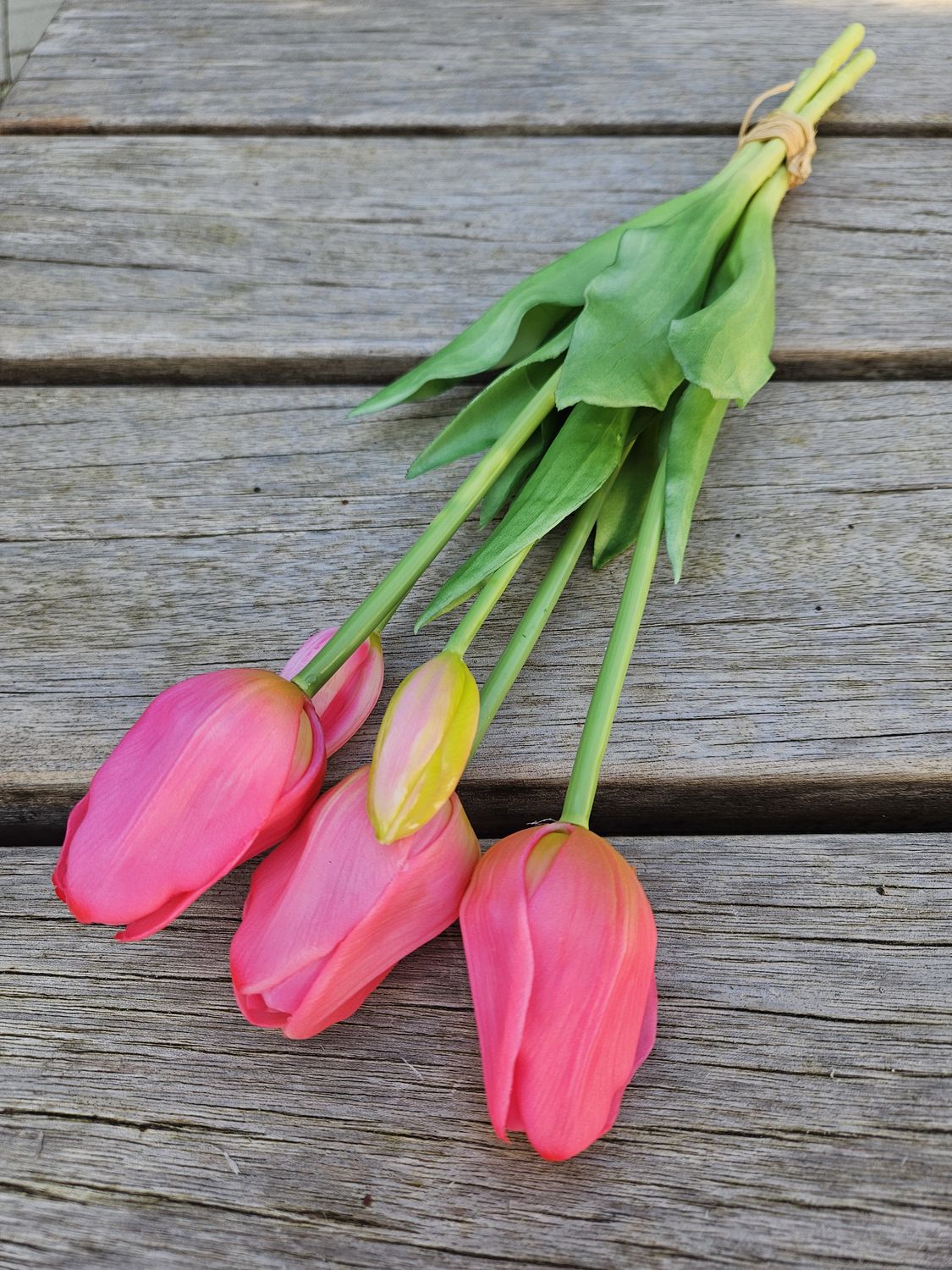 Mazzo di tulipani artificiali, francese, misto, 5 fiori, 47 cm, Real Touch, rosa-verde