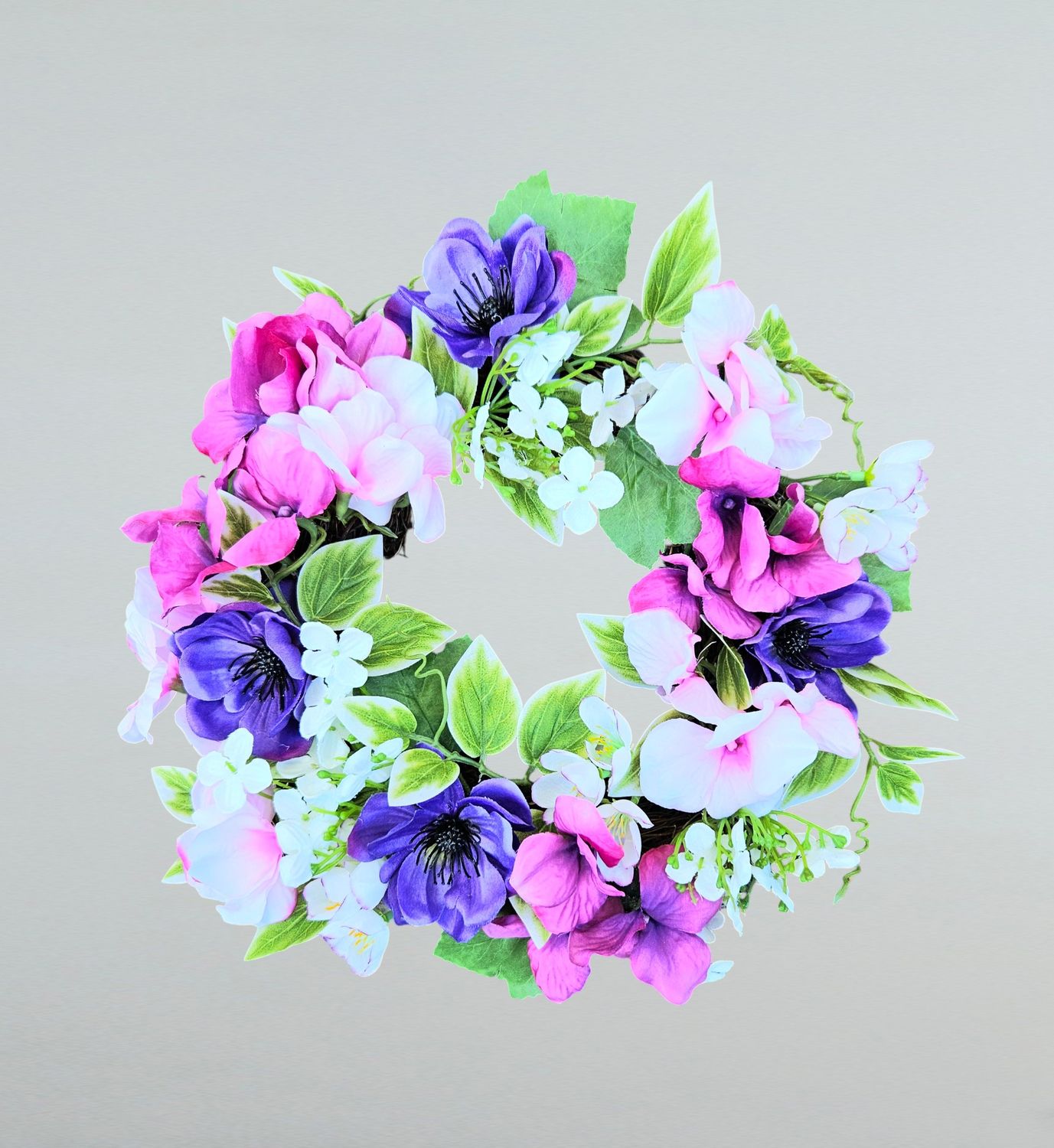Künstlicher Frühlingskranz mit Anemonen, Ø 38 cm, rosa-violett