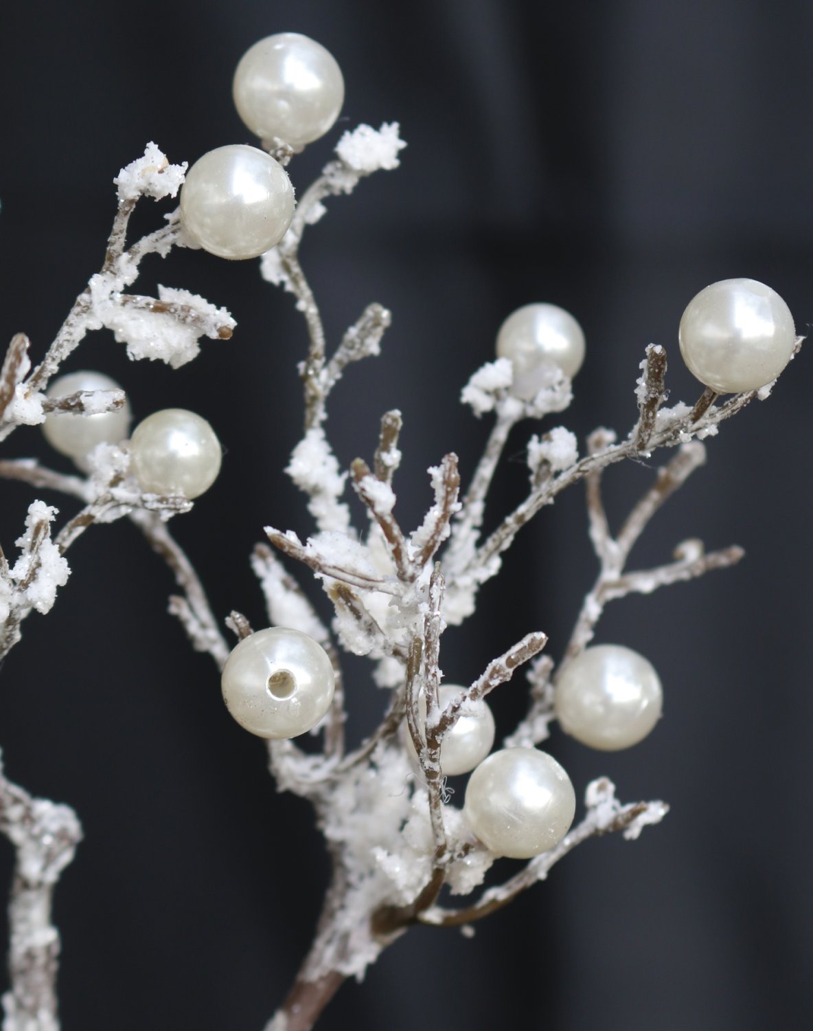 Künstlicher Dekozweig 30 cm, Perlen und Schnee, frost-braun mit