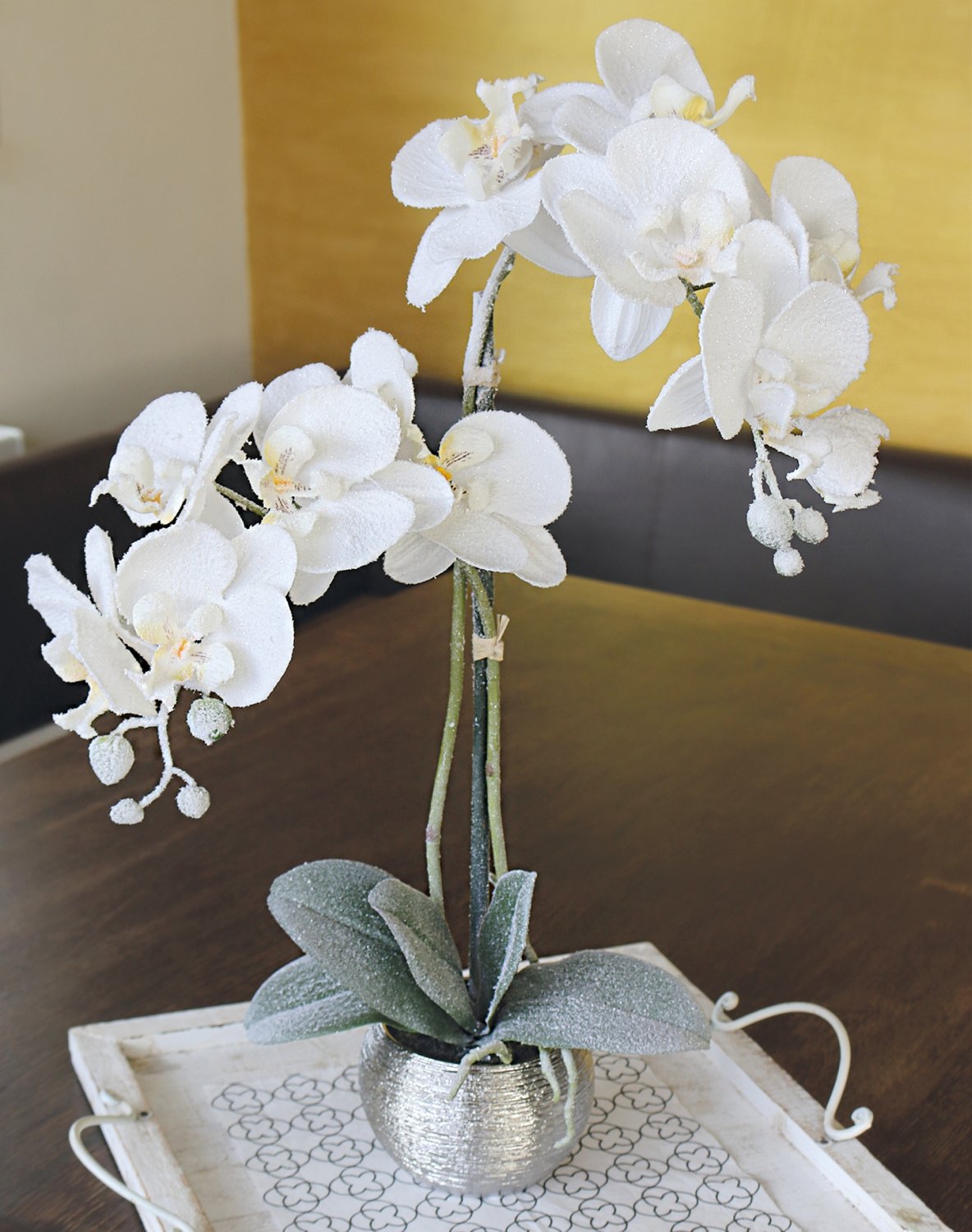 Künstliche Orchidee Phalaenopsis, gefrostet, getopft, 50 cm, frost-weiß