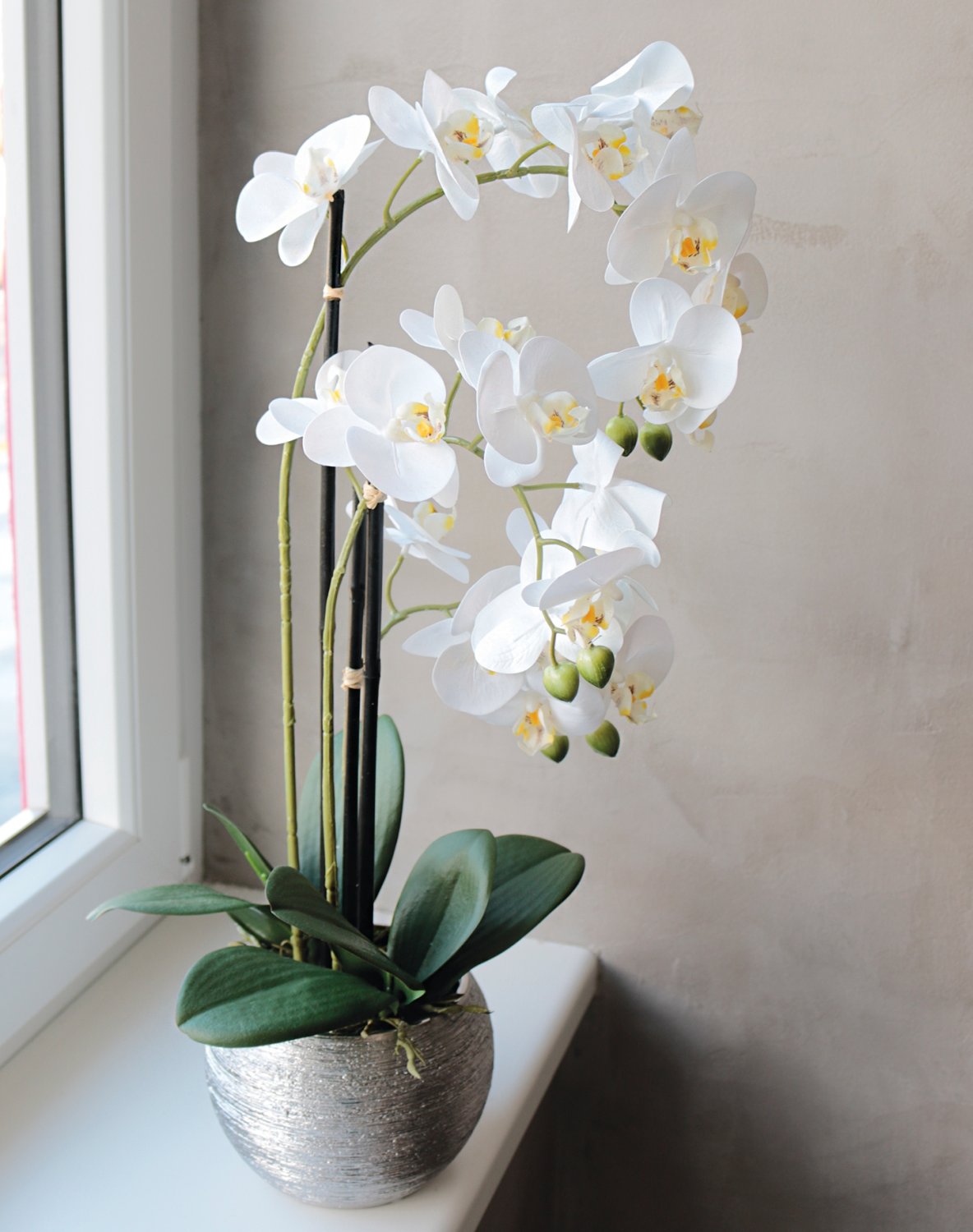 Orchidea Phalaenopsis artificiale, 3 rami, in vaso, 55 cm, Real Touch, bianco-crema