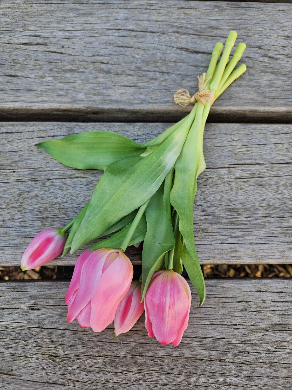 Mazzo di tulipani artificiali, 5 fiori, 28 cm, rosa-verde