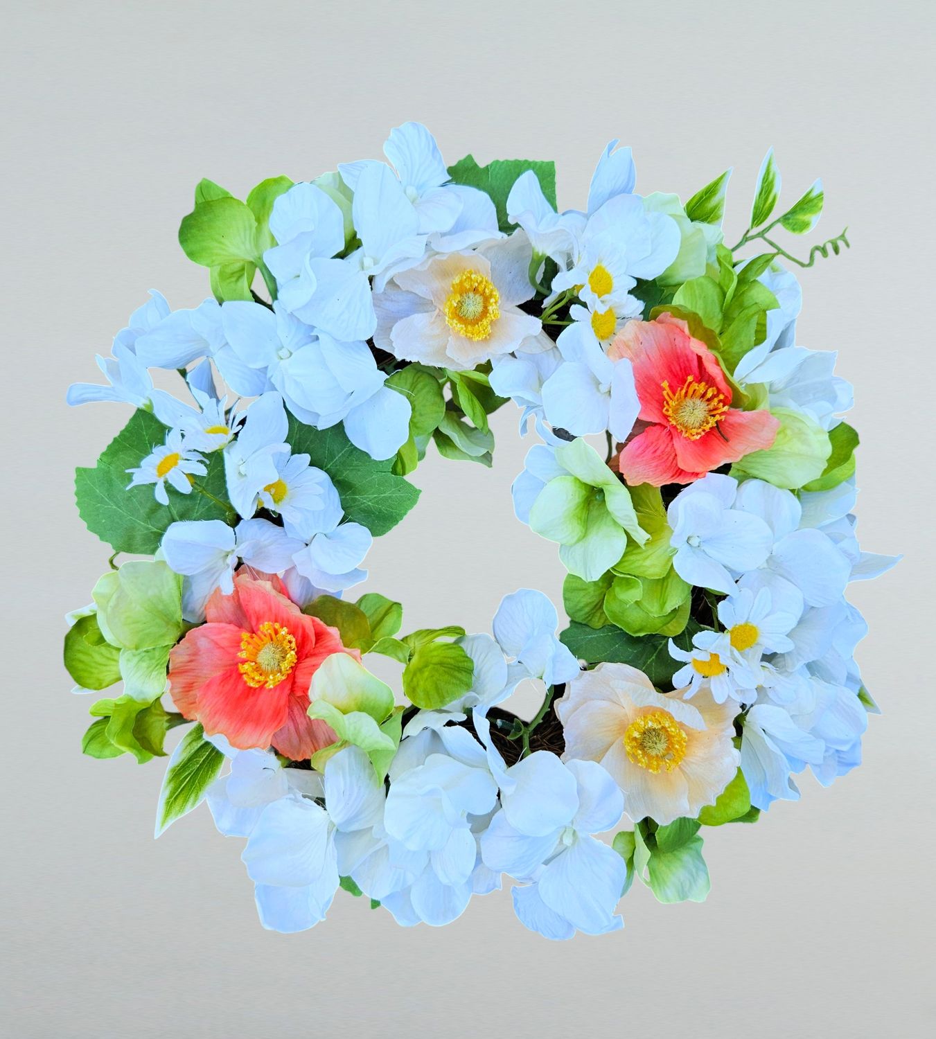 Artificial summer wreath with poppies, Ø 30 cm, white-green