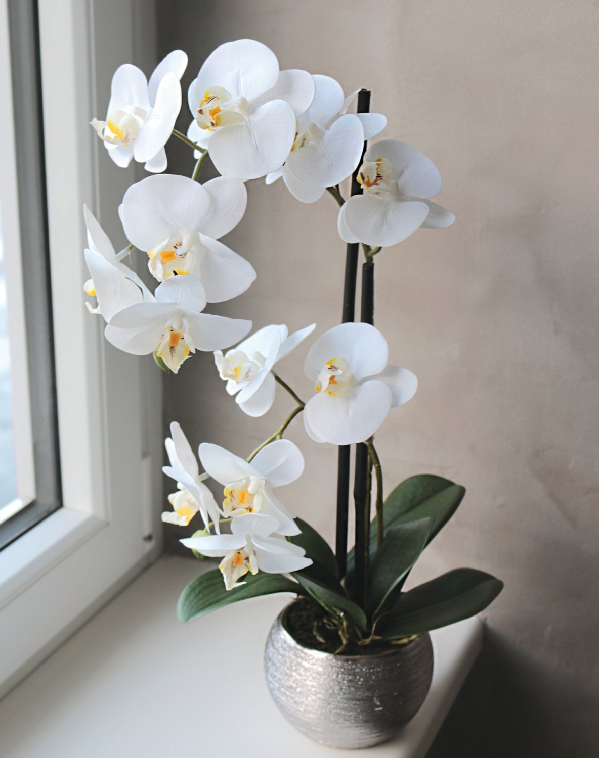 Künstliche Orchidee Phalaenopsis, 2-fach, getopft, 45 cm, Real Touch, creme-weiß