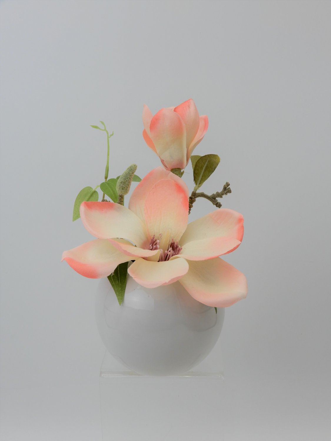 Künstliche Magnolie, getopft, weißer Keramiktopf, 15 cm, creme-aprikose