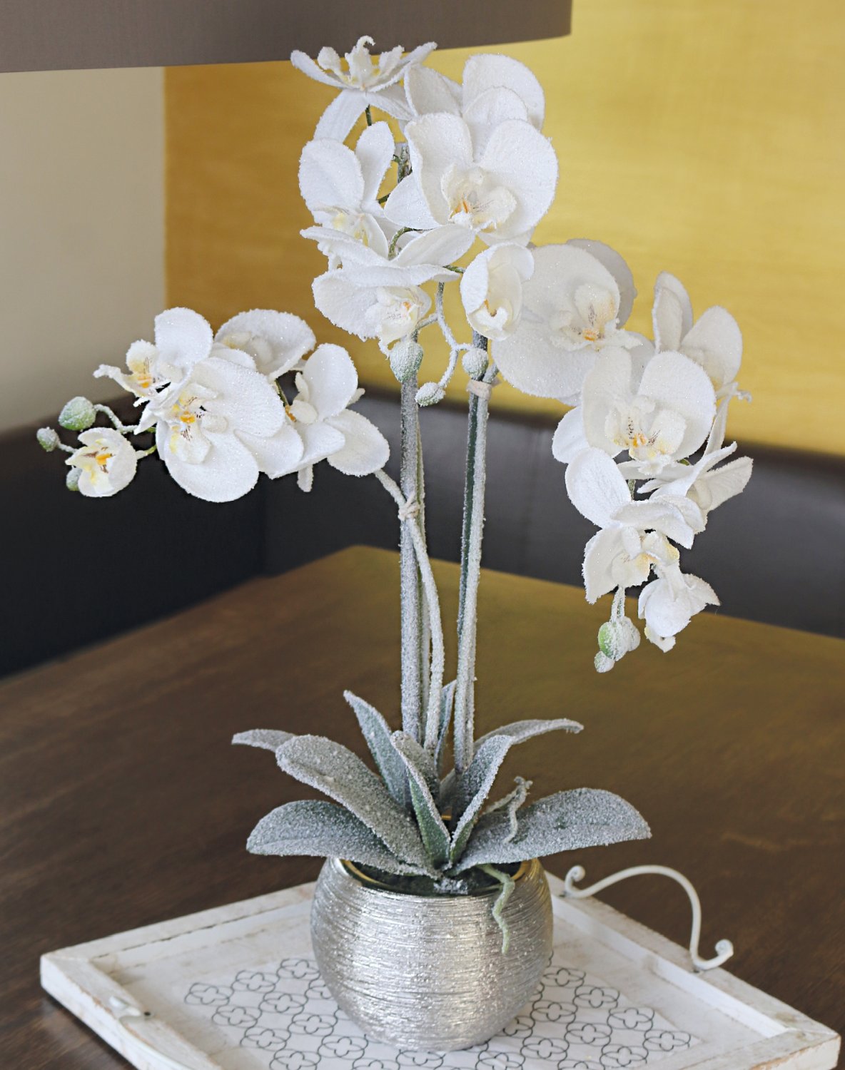 Künstliche Orchidee Phalaenopsis, gefrostet, getopft, 58 cm, frost-weiß